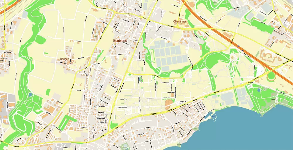 Lausanne Switzerland Map Vector Accurate High Detailed City Plan editable Adobe Illustrator Street Map in layers
