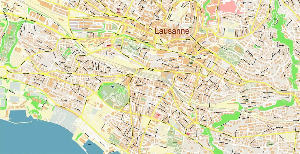 Lausanne Switzerland Map Vector Accurate High Detailed City Plan editable Adobe Illustrator Street Map in layers