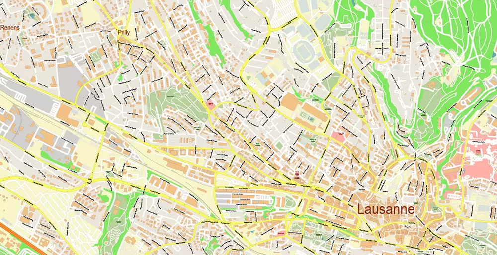 Lausanne Switzerland Map Vector Accurate High Detailed City Plan editable Adobe Illustrator Street Map in layers