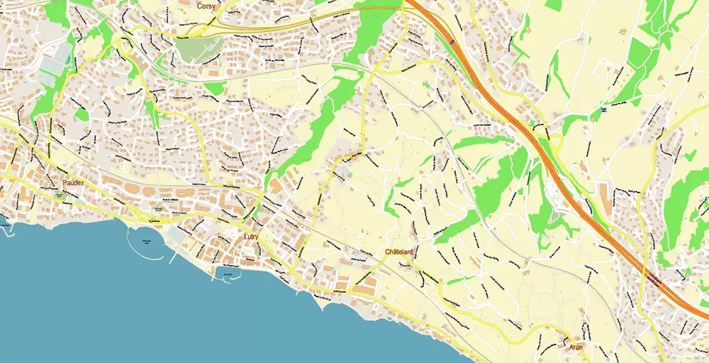 Lausanne Switzerland Map Vector Accurate High Detailed City Plan editable Adobe Illustrator Street Map in layers