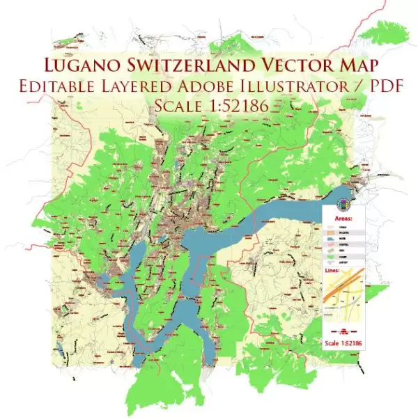 Lugano Switzerland Map Vector City Plan Low Detailed (for small print size) Street Map editable Adobe Illustrator in layers