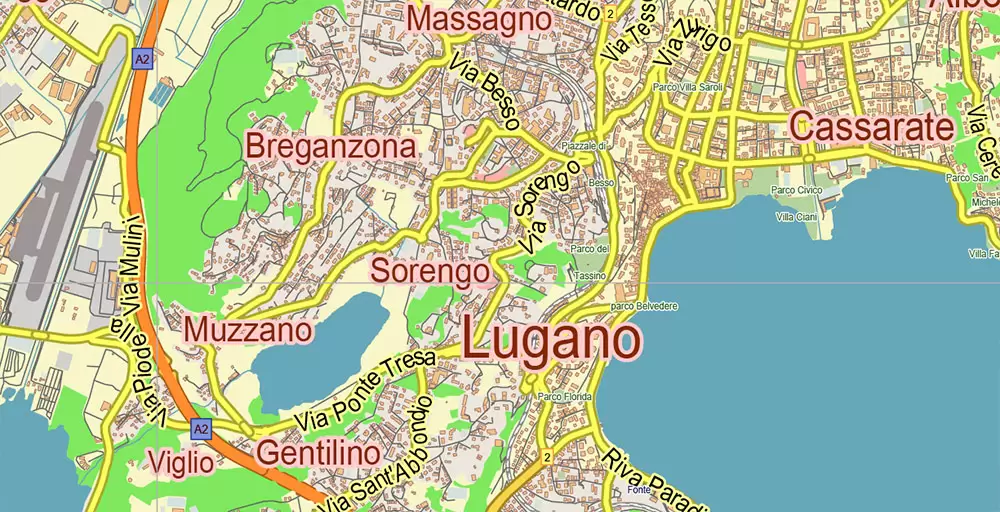Lugano Switzerland Map Vector City Plan Low Detailed (for small print size) Street Map editable Adobe Illustrator in layers