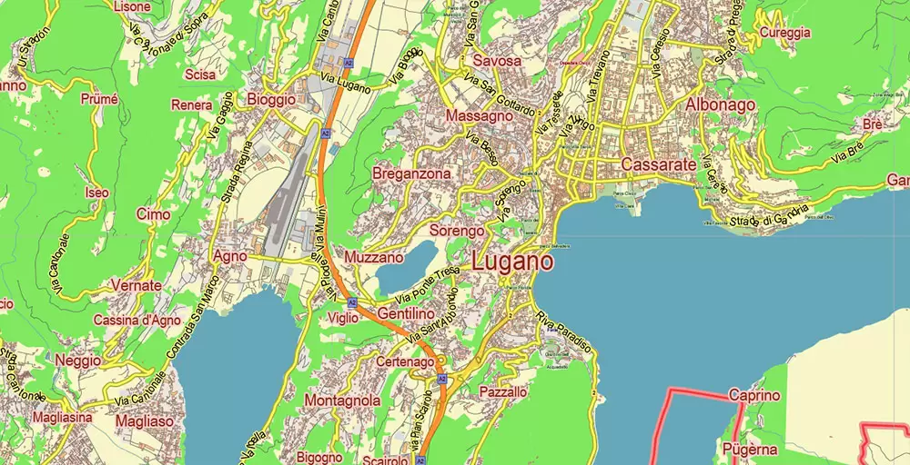 Lugano Switzerland Map Vector City Plan Low Detailed (for small print size) Street Map editable Adobe Illustrator in layers