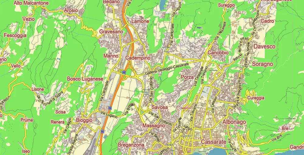 Lugano Switzerland Map Vector City Plan Low Detailed (for small print size) Street Map editable Adobe Illustrator in layers