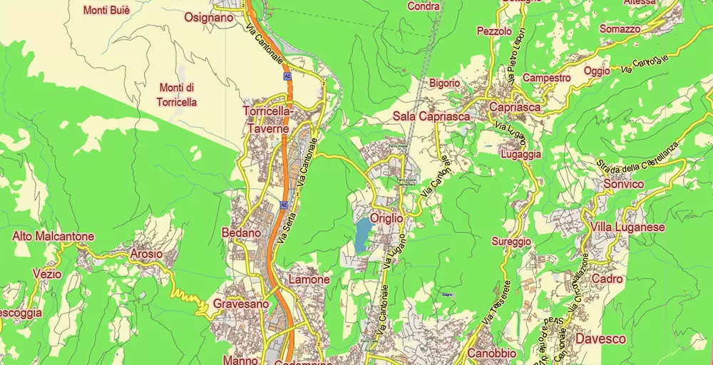Lugano Switzerland Map Vector City Plan Low Detailed (for small print size) Street Map editable Adobe Illustrator in layers