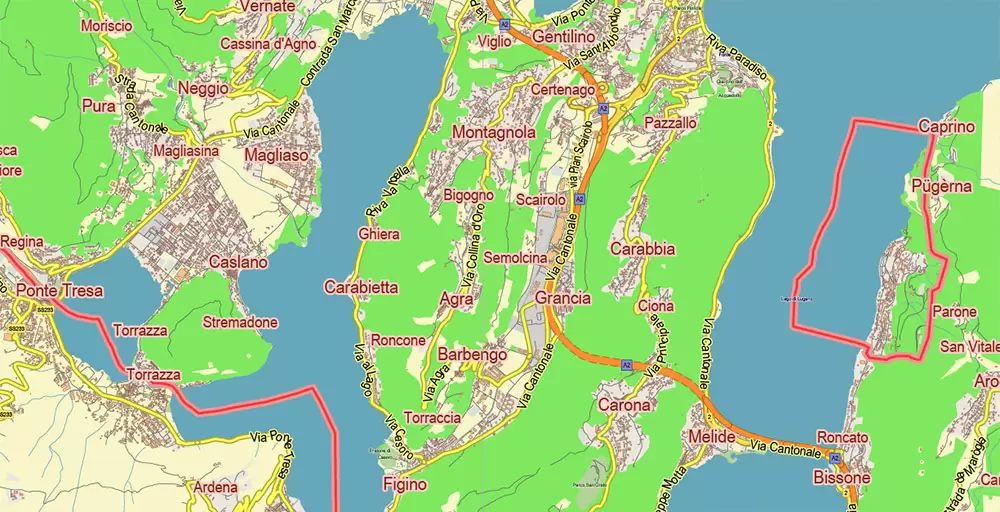 Lugano Switzerland Map Vector City Plan Low Detailed (for small print size) Street Map editable Adobe Illustrator in layers