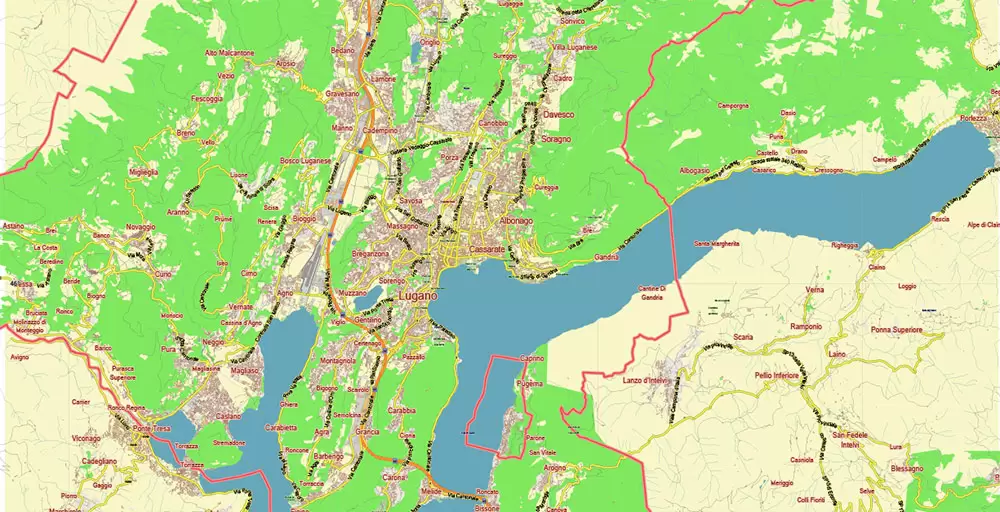 Lugano Switzerland Map Vector City Plan Low Detailed (for small print size) Street Map editable Adobe Illustrator in layers