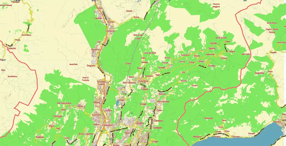 Lugano Switzerland Map Vector City Plan Low Detailed (for small print size) Street Map editable Adobe Illustrator in layers