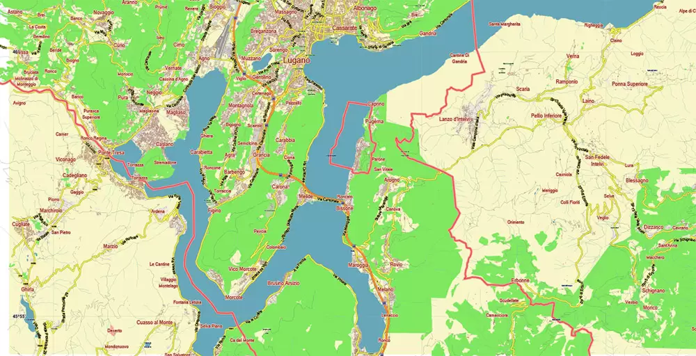 Lugano Switzerland Map Vector City Plan Low Detailed (for small print size) Street Map editable Adobe Illustrator in layers