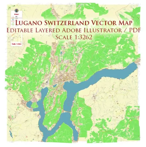 Lugano Switzerland Map Vector Accurate High Detailed City Plan editable Adobe Illustrator Street Map in layers