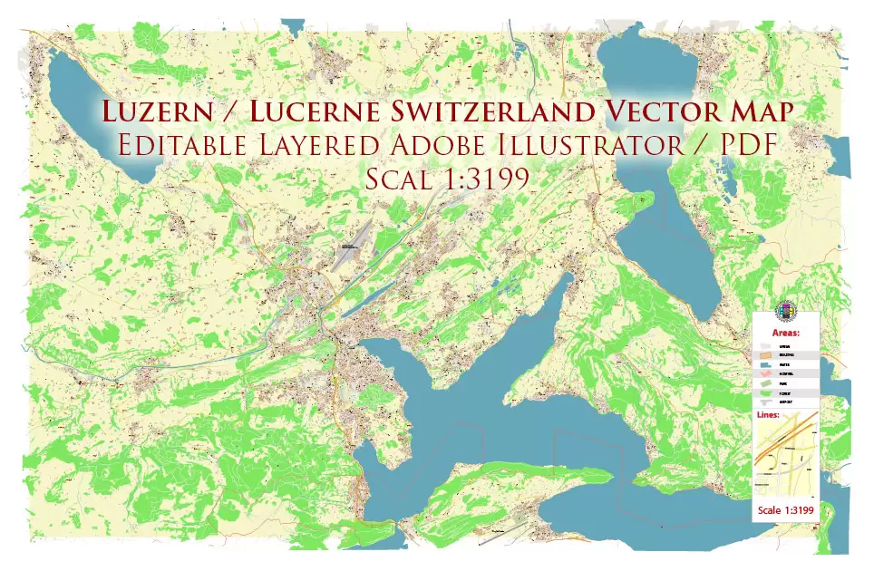 Luzern Lucerne Switzerland PDF Vector Map Accurate High Detailed City Plan editable Adobe PDF Street Map in layers