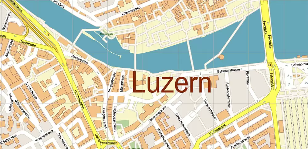 Luzern Lucerne Switzerland PDF Vector Map Accurate High Detailed City Plan editable Adobe PDF Street Map in layers