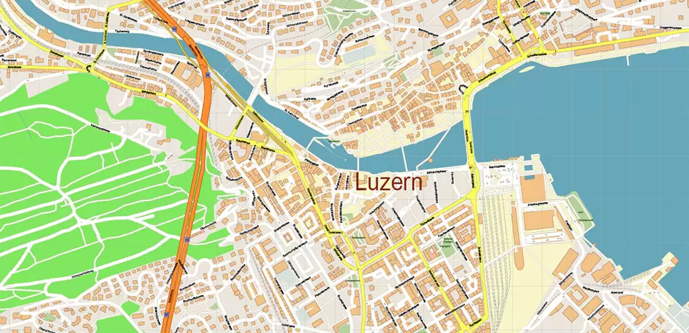 Luzern Lucerne Switzerland PDF Vector Map Accurate High Detailed City Plan editable Adobe PDF Street Map in layers