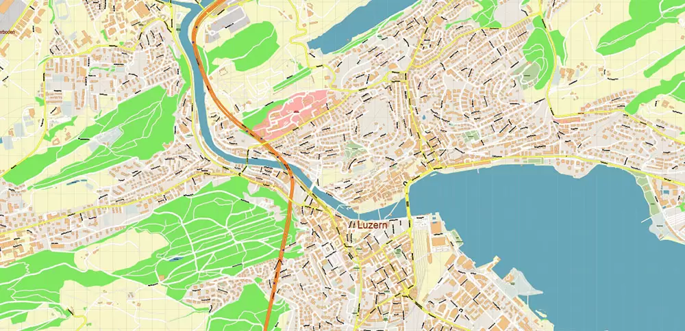 Luzern Lucerne Switzerland PDF Vector Map Accurate High Detailed City Plan editable Adobe PDF Street Map in layers