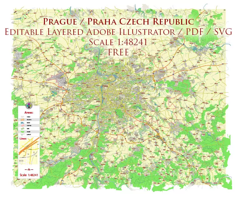 Prague Praha Czech Republic Vector Map Free Editable Layered Adobe Illustrator + PDF + SVG