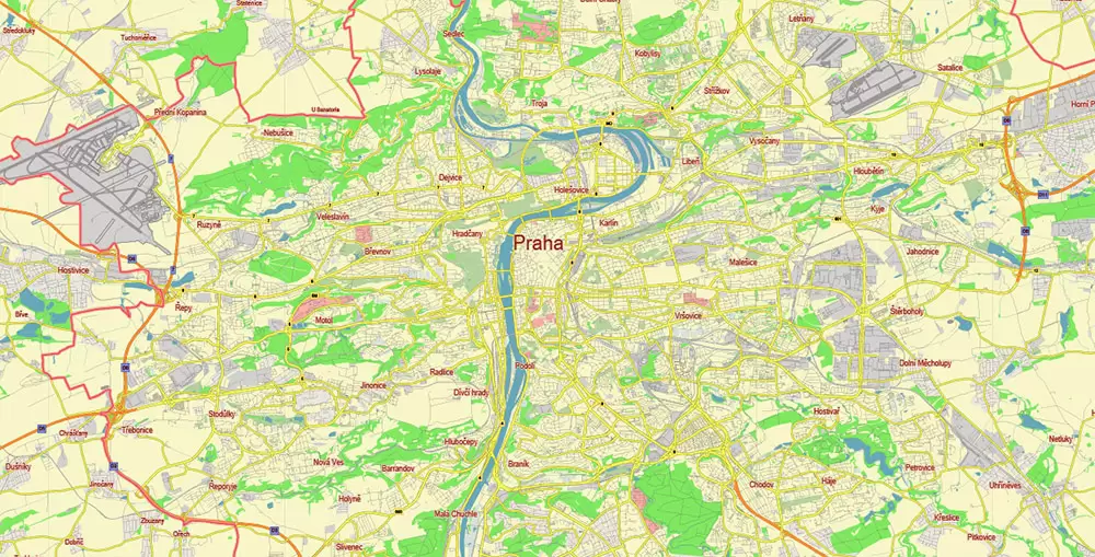 Prague Praha Czech Republic Vector Map Free Editable Layered Adobe Illustrator + PDF + SVG