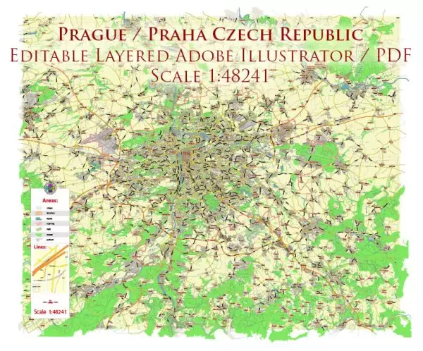 Prague Praha Czech Republic Map Vector City Plan Low Detailed (for small print size) Street Map editable Adobe Illustrator in layers