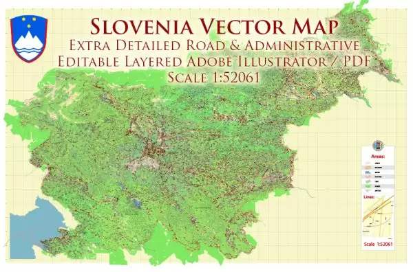 Slovenia Vector Map: Full Extra High Detailed 01 (all roads) + Admin Areas editable Adobe Illustrator in layers