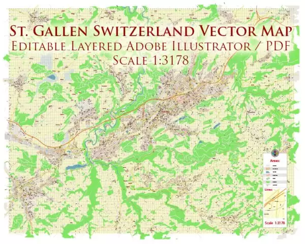 St. Gallen Switzerland Map Vector Accurate High Detailed City Plan editable Adobe Illustrator Street Map in layers
