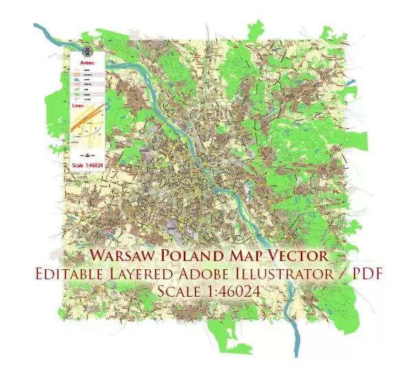 Warsaw \ Warszawa Poland Map Vector City Plan Low Detailed (for small print size) Street Map editable Adobe Illustrator in layers