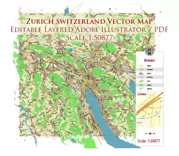 Zurich Switzerland Map Vector City Plan Low Detailed (for small print size) Street Map editable Adobe Illustrator in layers