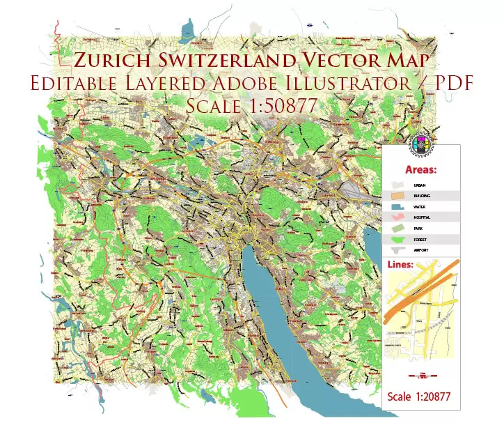 Zurich Switzerland Map Vector City Plan Low Detailed (for small print size) Street Map editable Adobe Illustrator in layers