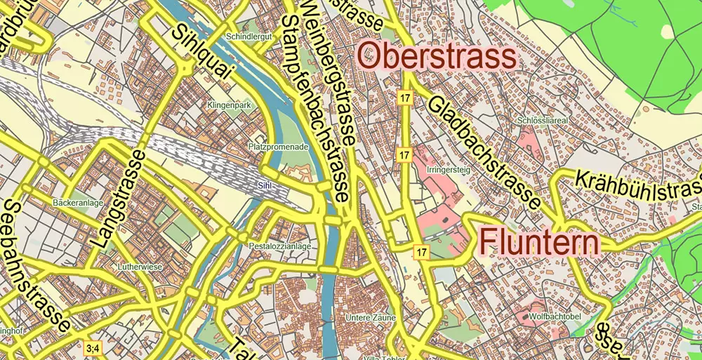 Zurich Switzerland Map Vector City Plan Low Detailed (for small print size) Street Map editable Adobe Illustrator in layers