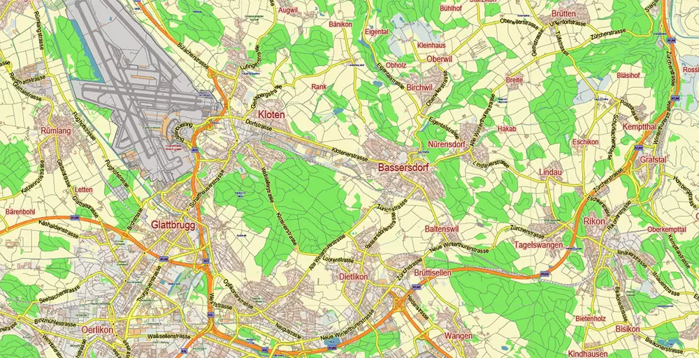 Zurich Switzerland Map Vector City Plan Low Detailed (for small print size) Street Map editable Adobe Illustrator in layers