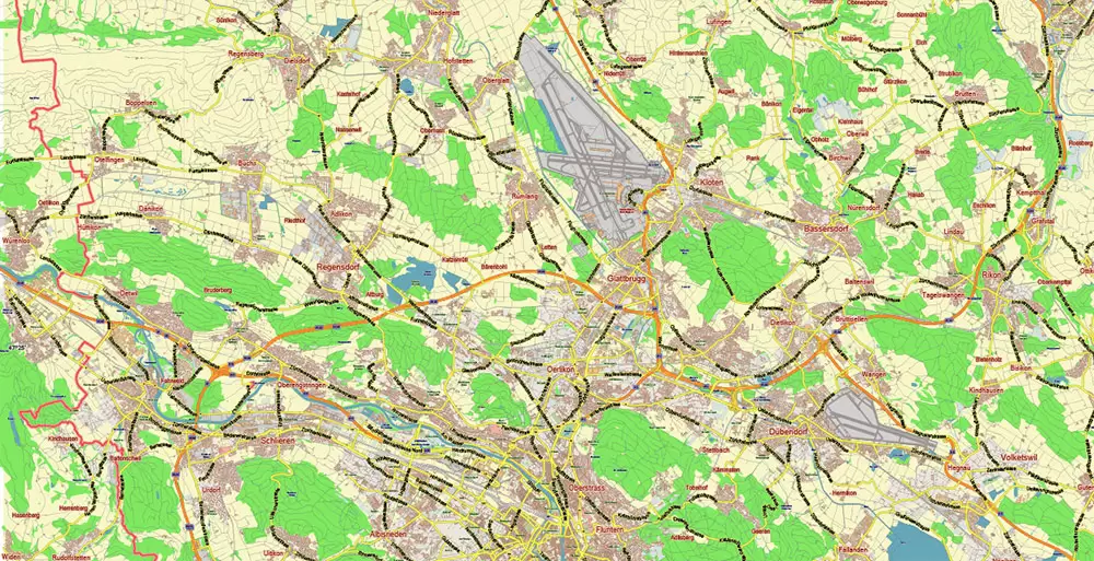Zurich Switzerland Map Vector City Plan Low Detailed (for small print size) Street Map editable Adobe Illustrator in layers