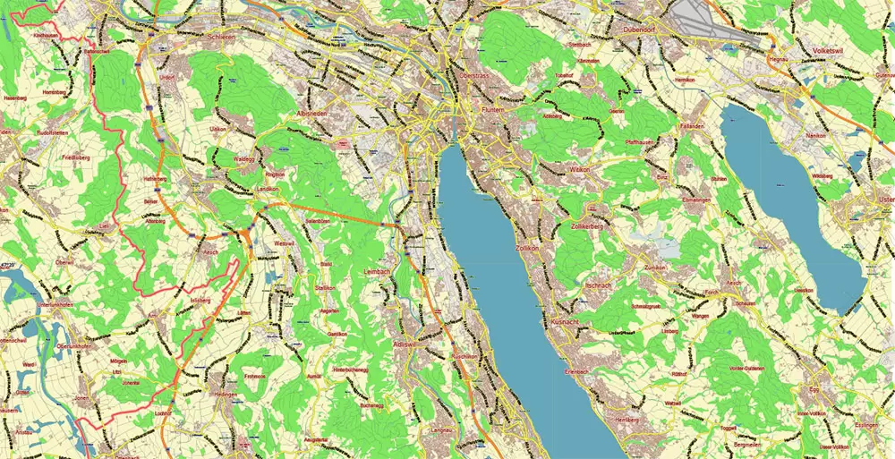 Zurich Switzerland Map Vector City Plan Low Detailed (for small print size) Street Map editable Adobe Illustrator in layers