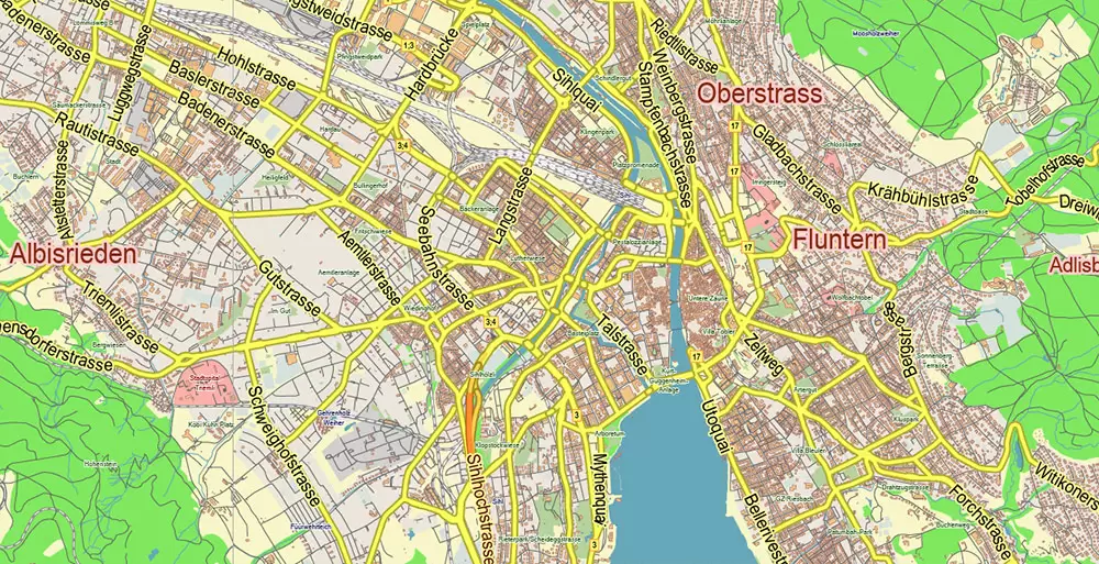 Zurich Switzerland Map Vector City Plan Low Detailed (for small print size) Street Map editable Adobe Illustrator in layers