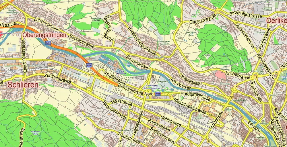 Zurich Switzerland Map Vector City Plan Low Detailed (for small print size) Street Map editable Adobe Illustrator in layers