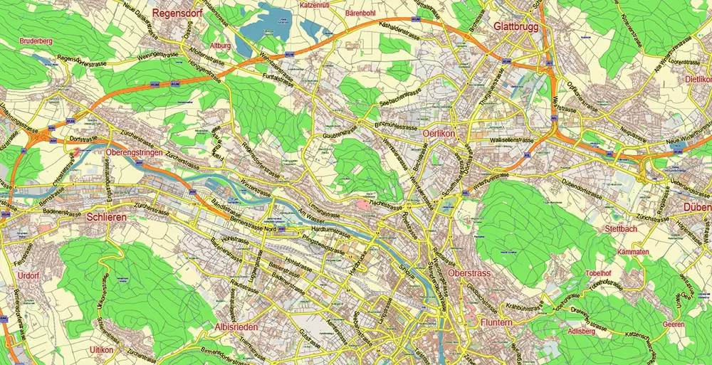 Zurich Switzerland Map Vector City Plan Low Detailed (for small print size) Street Map editable Adobe Illustrator in layers
