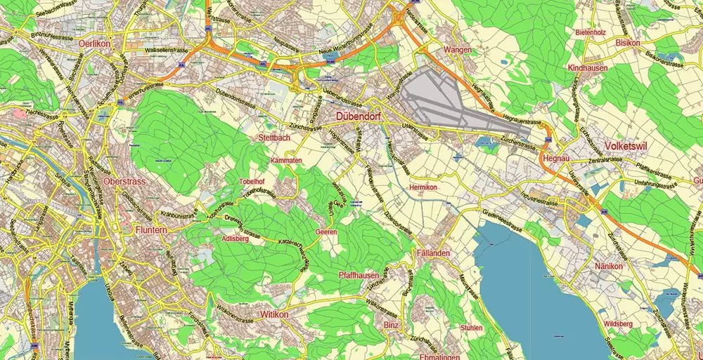 Zurich Switzerland Map Vector City Plan Low Detailed (for small print size) Street Map editable Adobe Illustrator in layers