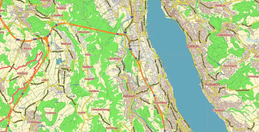 Zurich Switzerland Map Vector City Plan Low Detailed (for small print size) Street Map editable Adobe Illustrator in layers