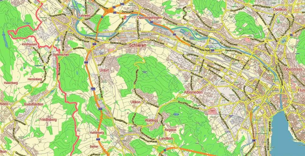 Zurich Switzerland Map Vector City Plan Low Detailed (for small print size) Street Map editable Adobe Illustrator in layers