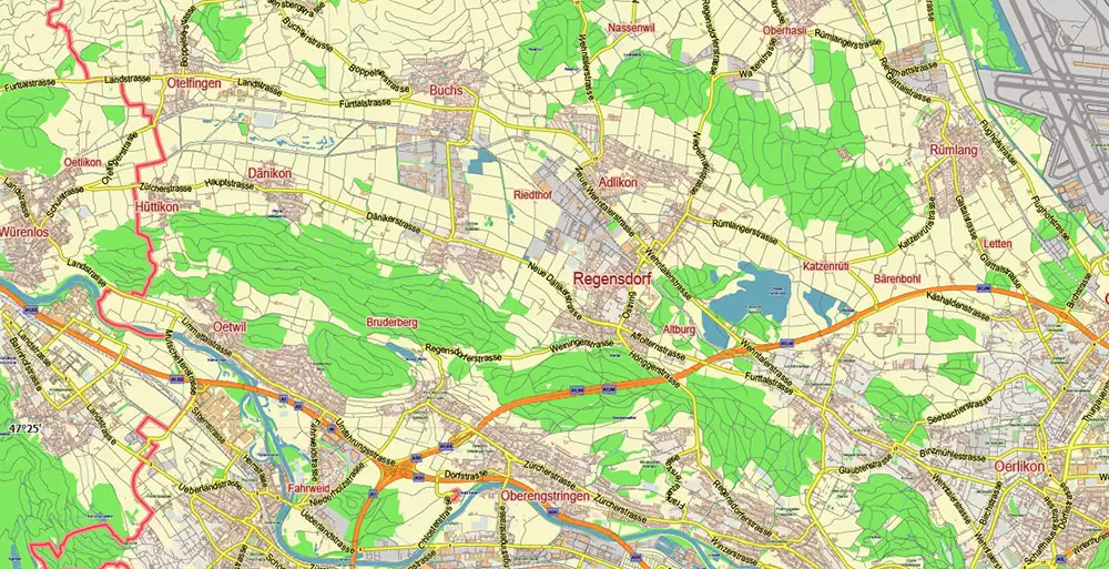Zurich Switzerland Map Vector City Plan Low Detailed (for small print size) Street Map editable Adobe Illustrator in layers