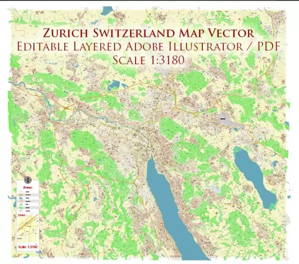 Zurich Switzerland Map Vector Accurate High Detailed City Plan editable Adobe Illustrator Street Map in layers