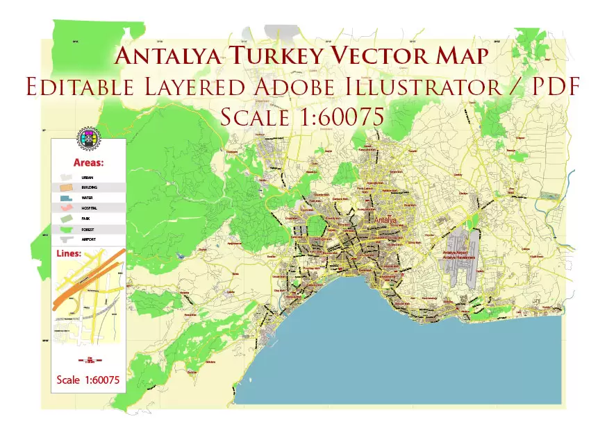 Antalya Turkey PDF Vector Map City Plan Low Detailed (for small print size) Street Map editable Adobe PDF in layers