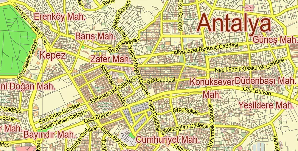 Antalya Turkey PDF Vector Map City Plan Low Detailed (for small print size) Street Map editable Adobe PDF in layers