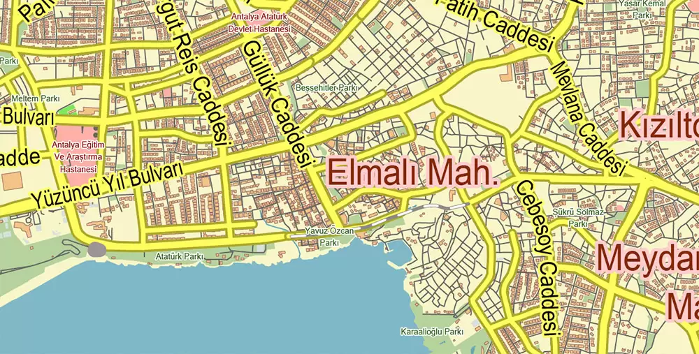 Antalya Turkey PDF Vector Map City Plan Low Detailed (for small print size) Street Map editable Adobe PDF in layers