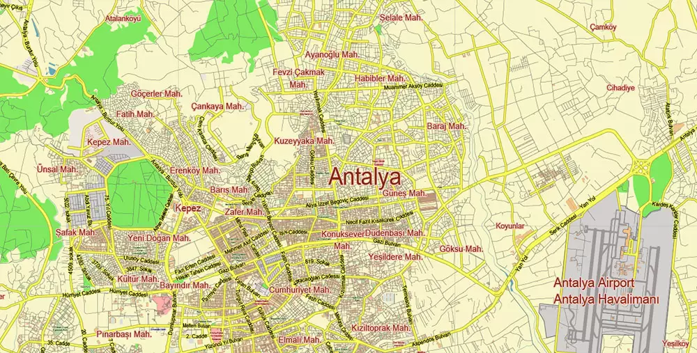 Antalya Turkey PDF Vector Map City Plan Low Detailed (for small print size) Street Map editable Adobe PDF in layers
