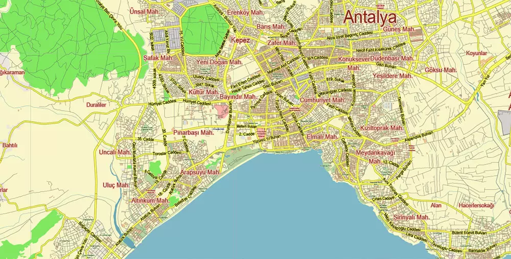 Antalya Turkey PDF Vector Map City Plan Low Detailed (for small print size) Street Map editable Adobe PDF in layers