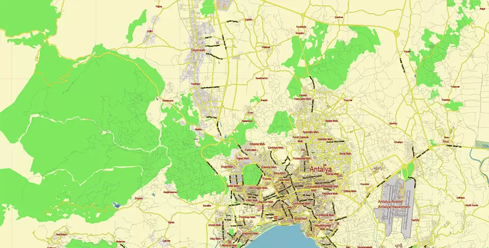 Antalya Turkey PDF Vector Map City Plan Low Detailed (for small print size) Street Map editable Adobe PDF in layers