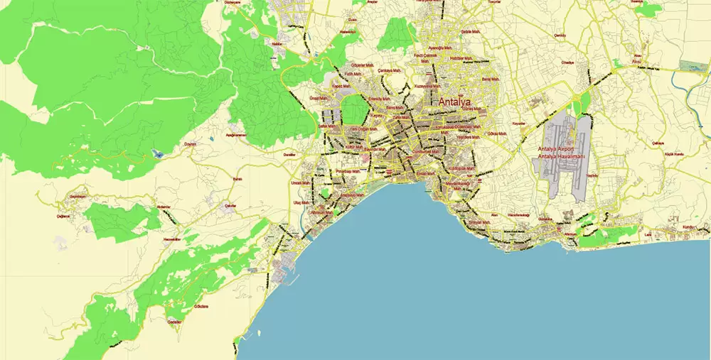 Antalya Turkey PDF Vector Map City Plan Low Detailed (for small print size) Street Map editable Adobe PDF in layers
