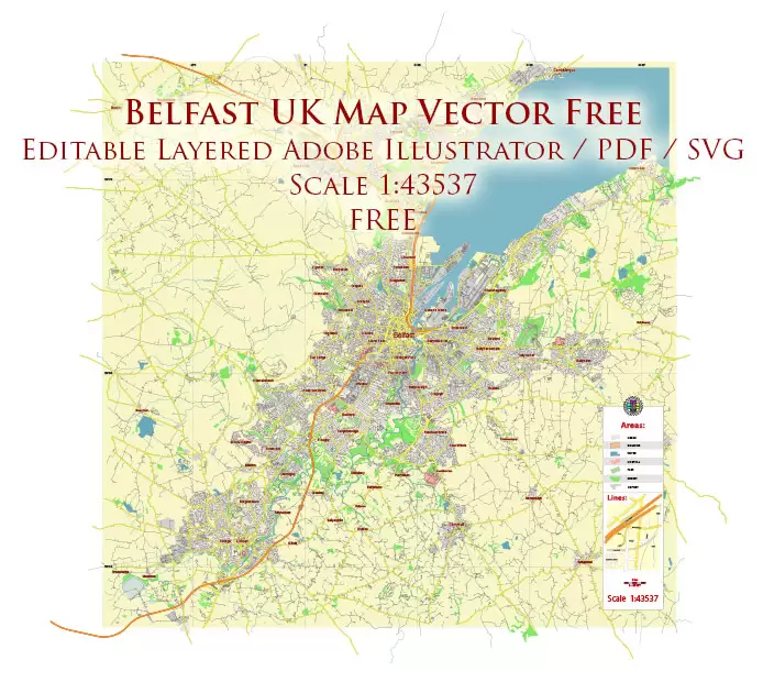 Belfast Northern Ireland UK Vector Map Free Editable Layered Adobe Illustrator + PDF + SVG