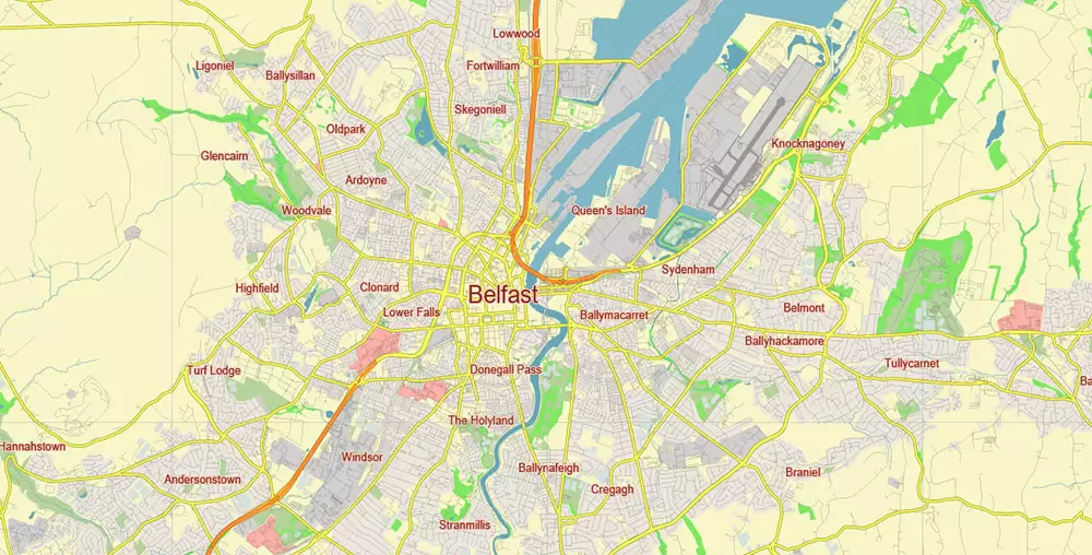 Belfast Northern Ireland UK Vector Map Free Editable Layered Adobe Illustrator + PDF + SVG
