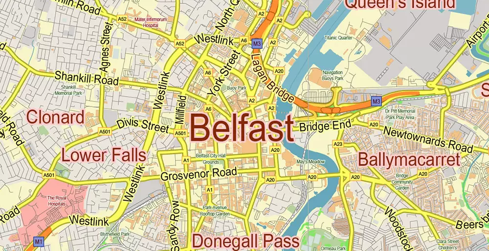 Belfast Northern Ireland UK PDF Vector Map: City Plan Low Detailed (for small print size) Street Map editable Adobe PDF in layers