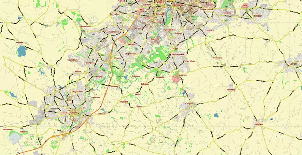 Belfast Northern Ireland UK PDF Vector Map: City Plan Low Detailed (for small print size) Street Map editable Adobe PDF in layers