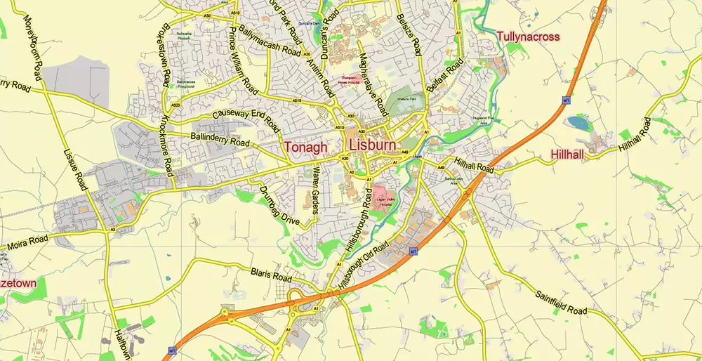 Belfast Northern Ireland UK PDF Vector Map: City Plan Low Detailed (for small print size) Street Map editable Adobe PDF in layers